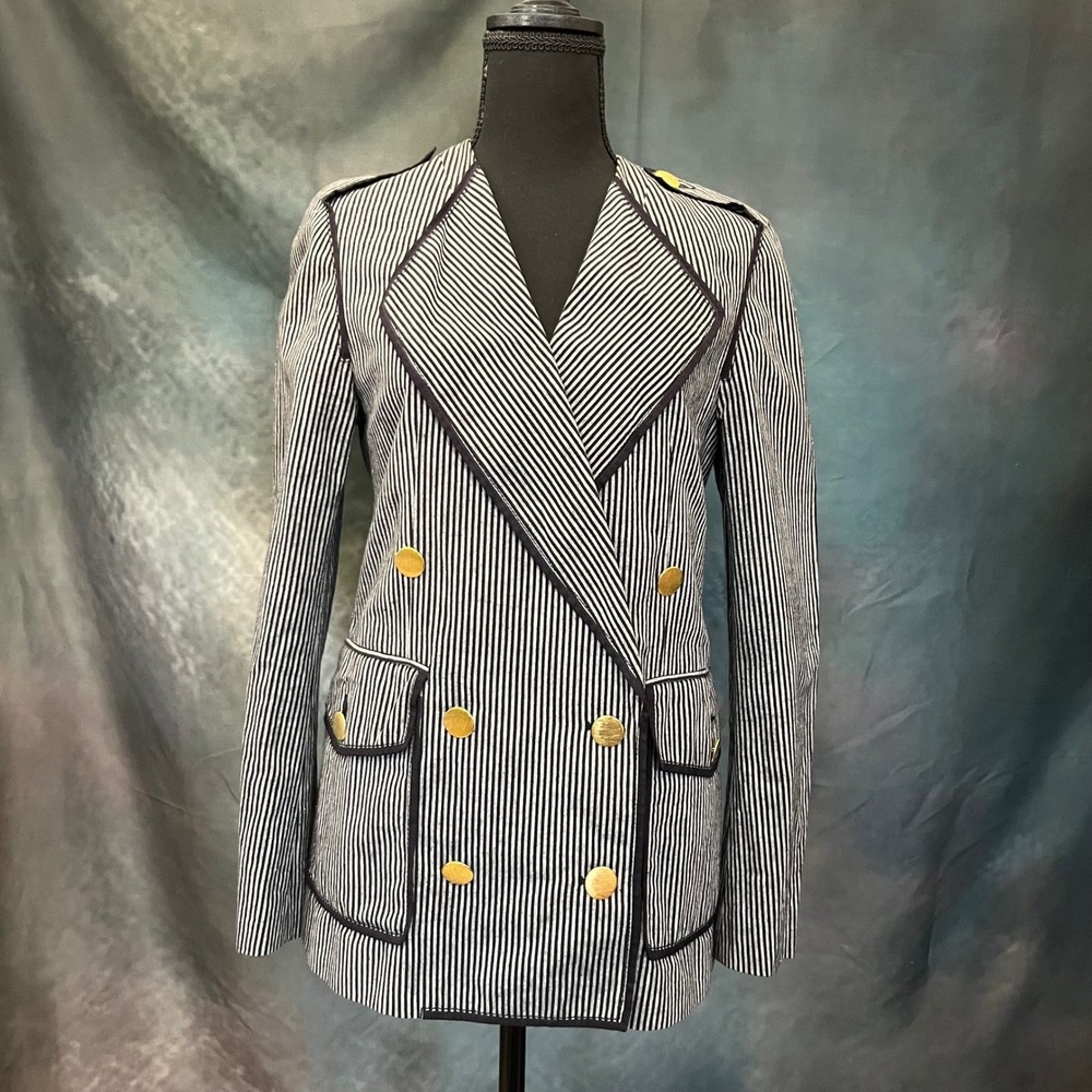 3.1 Phillip Lim Stripe Double Breasted Blazer Gold Buttons Navy White Size Small